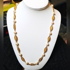 Vintage 1928 Goldtone Filigree Necklace with Cream Faux Pearls